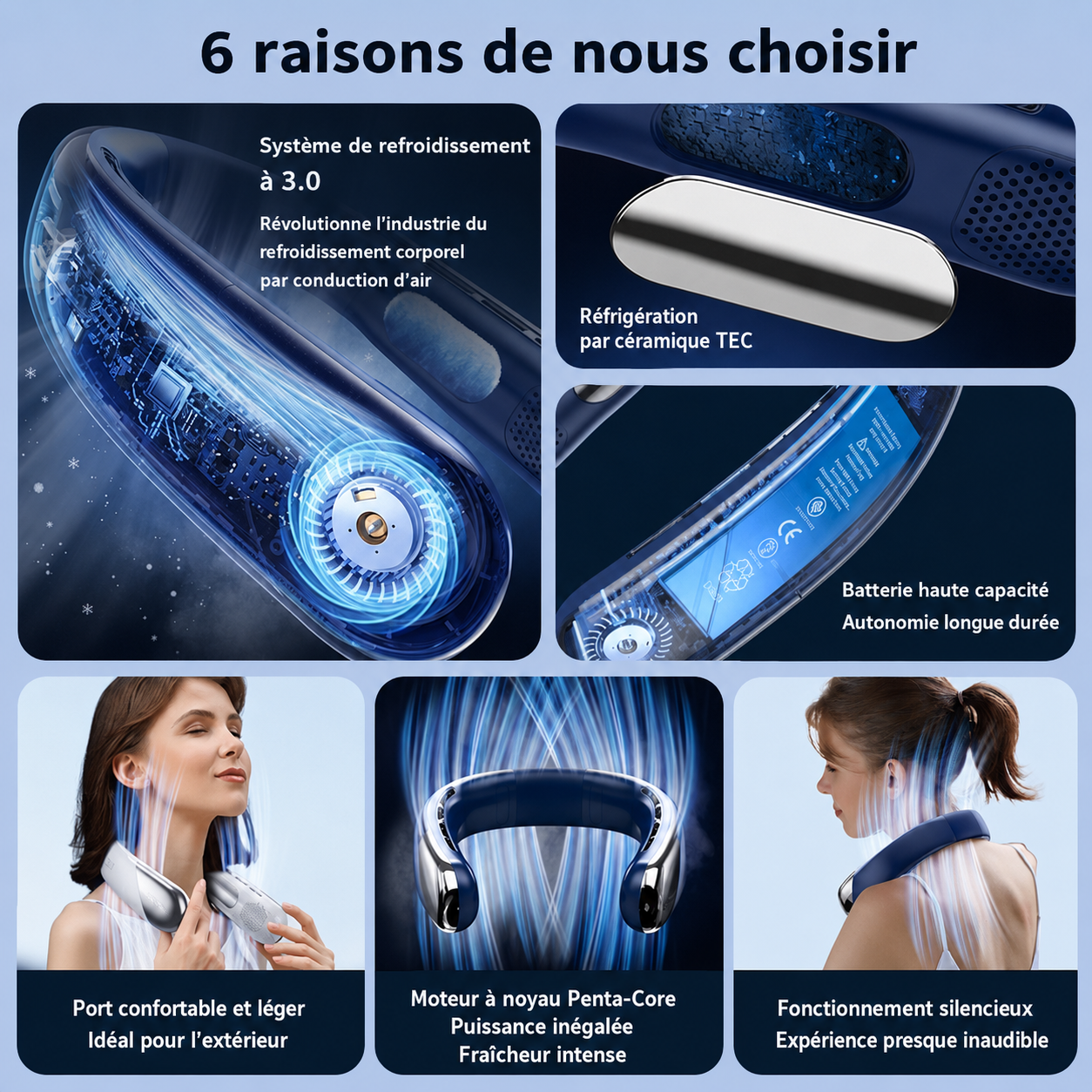 Ventilateur de cou BOREAL AIR™ utilisé mains libres contre la chaleur